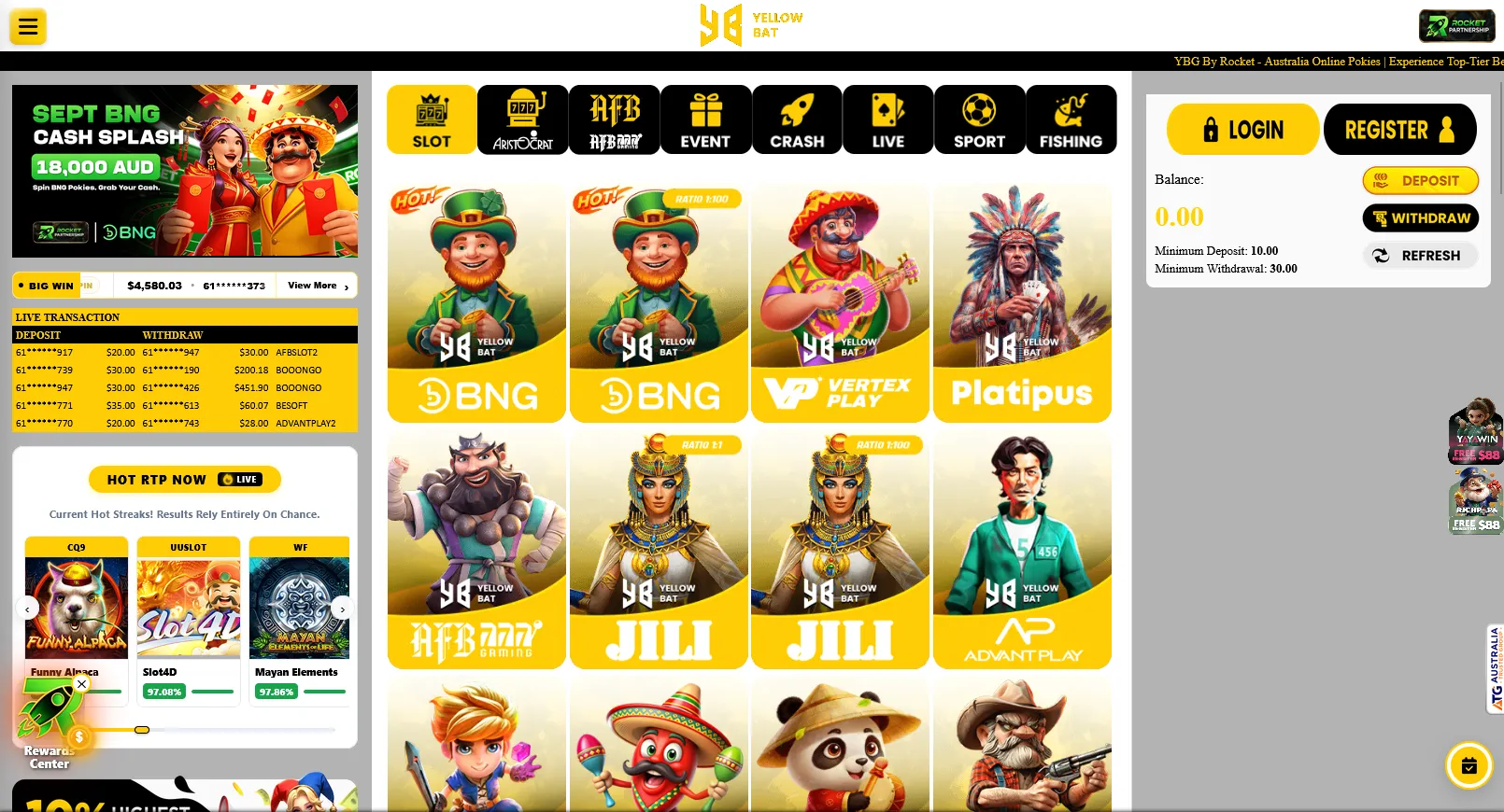 Yellowbat Casino desktop account and casino interface